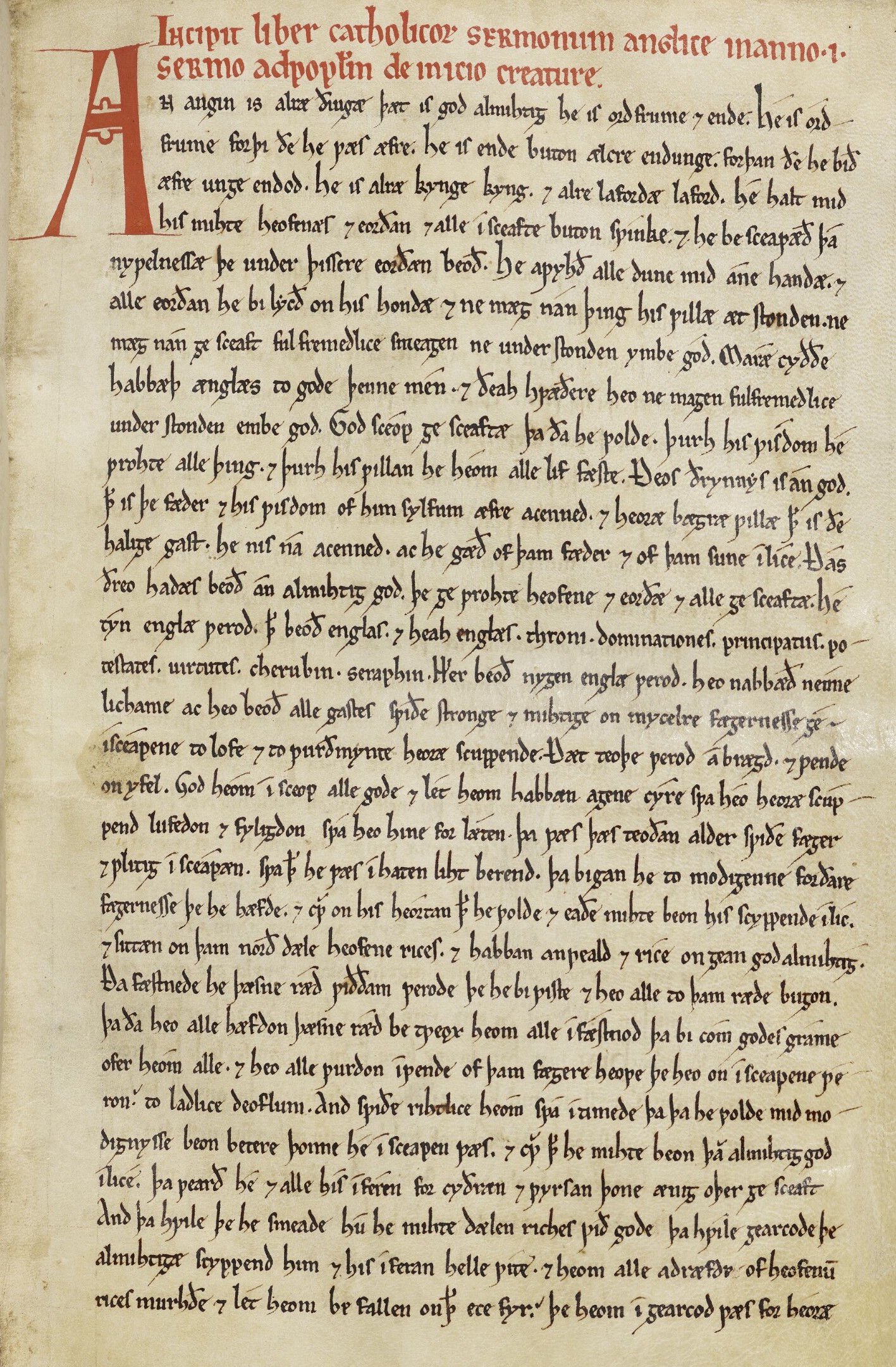 This yellowed manuscript folio contains the Old English text of Ælfric's homily "De Initio Creaturae" ("On the Begining of Creation"). Most of the text is black, but the initial capital "A"is about four times larger than the text around it and is inked in red. Along the top of the folio is red text in Latin introducing the homily.