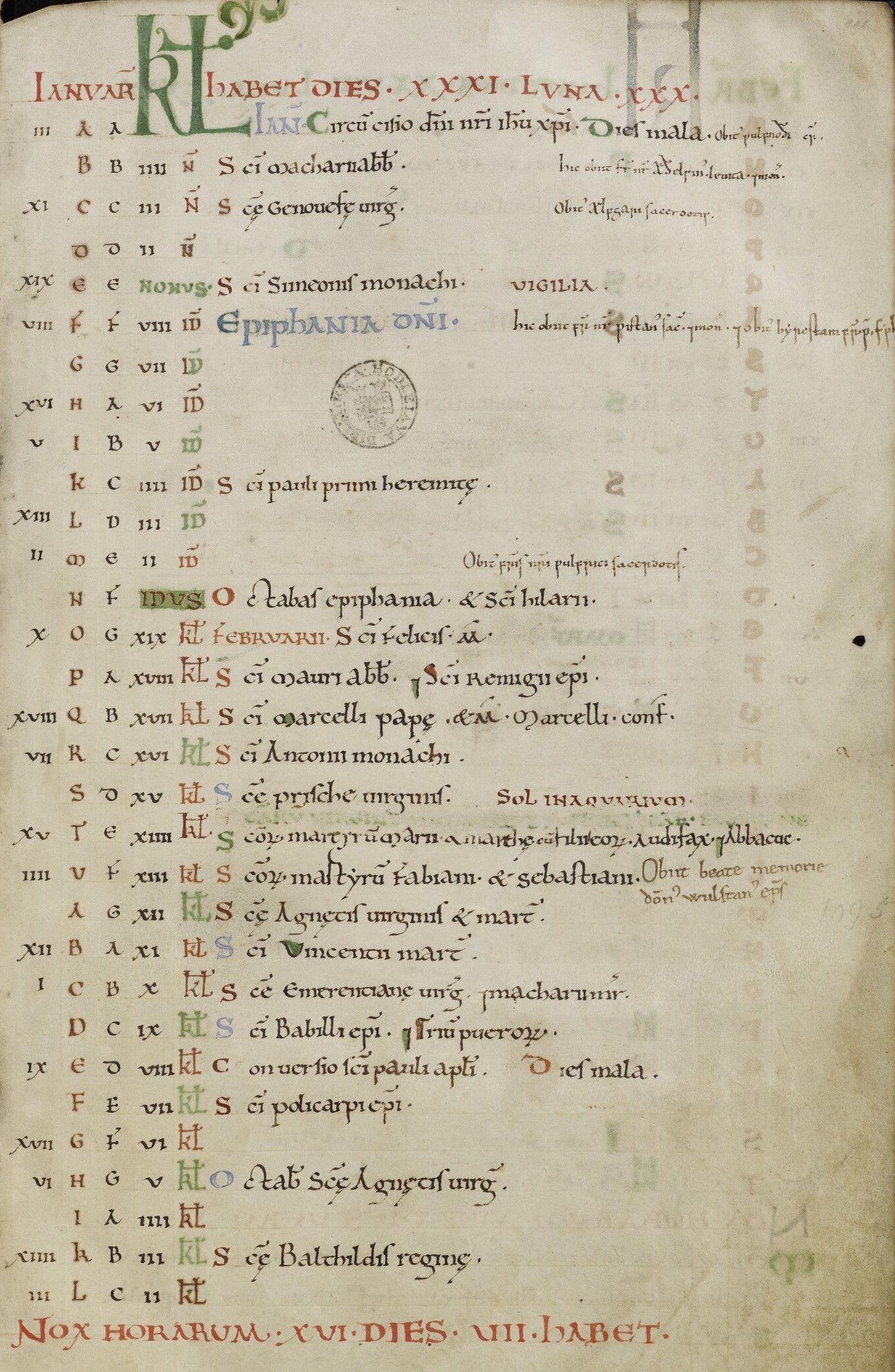 A manuscript folio display of the calendar for the month of January. Written in Latin, this calendar table lists the major Church feasts for each day of the month, indicating when there should be a vigil or if a particular feast is especially important. The scribe has inked text in red, green, blue, and black throughout.