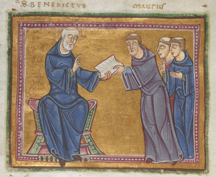This illuminated manuscript image shows St. Benedict of Nursia giving his monastic rule to a handful of monks. St. Benedict is white-headed and bearded, while the younger men have only their tonsured haircuts. The men are all dressed in vibrant blue, purple, and red vestments. The background is golden, and St. Benedict sits in a red and green throne.