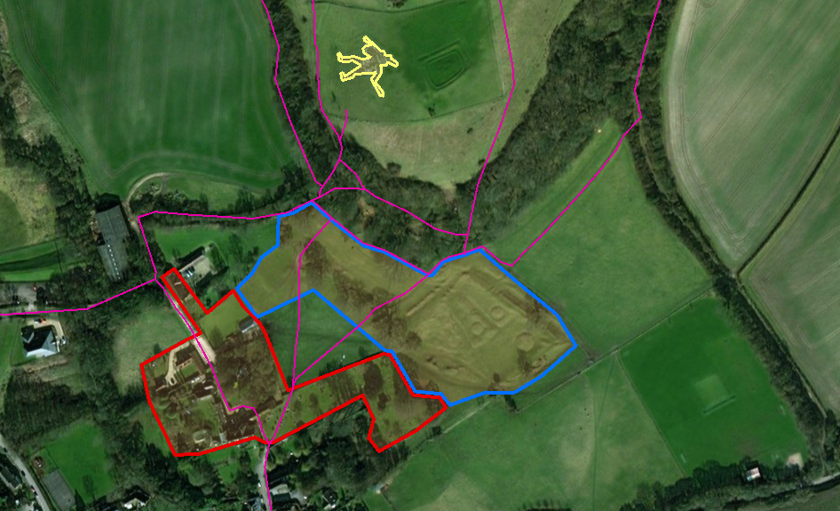 Map of Cerne Abbey and the surrounding area. The area of the abbey which Ælfric would have occupied is outlined in blue. Later additions are outlined in red. The Cerne Abbas Hill Giant is outlined in yellow just north of the abbey. Pink lines indicate walking trails surrounding the abbey.