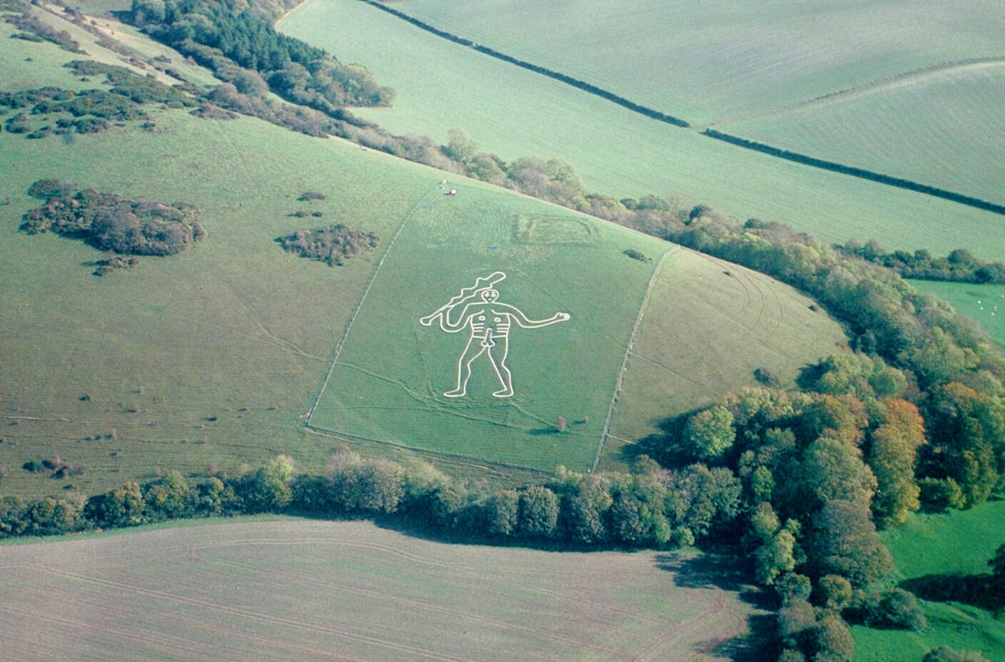 The hillside just north of Cerne Abbey features a rectangle of much greener grass than the surrounding area, with a large outline of a giant carved into the chalk of the hill. The large giant dominated the hill, extending a massive club over its head. The figure has prominent abs and an erect phallus in its center.