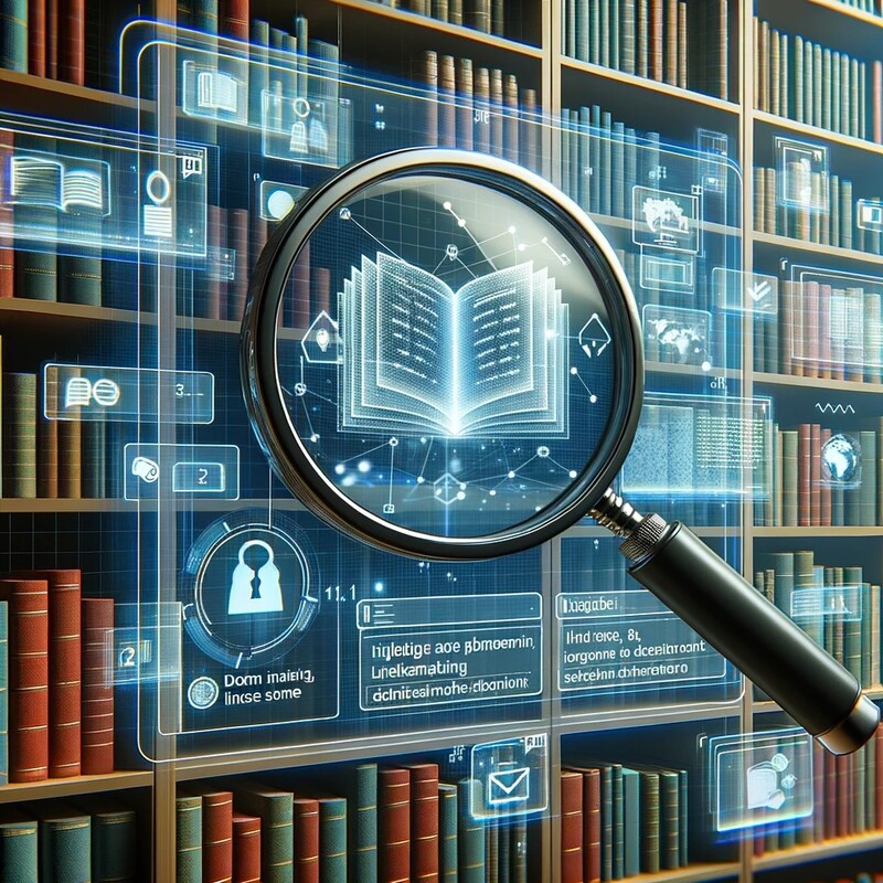 Illustration of a digital library with virtual shelves filled with books, documents, and data. A magnifying glass hovers over some of the items
