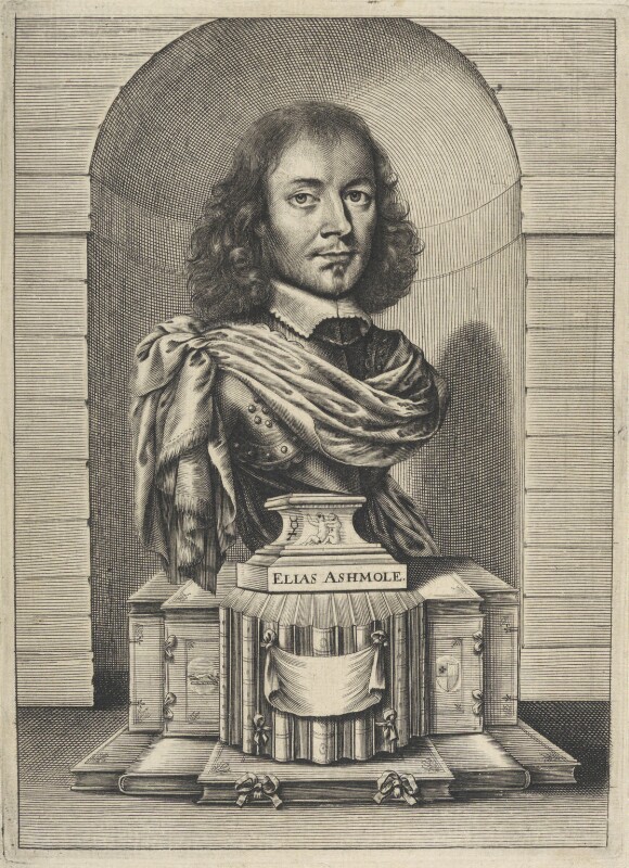 Engraved portrait of Elias Ashmole, styled as a Roman bust.