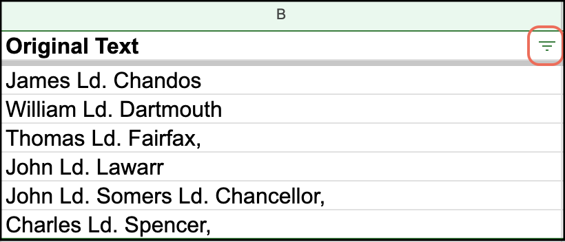 A screenshot demonstrating how to use the filter feature on Google Sheets