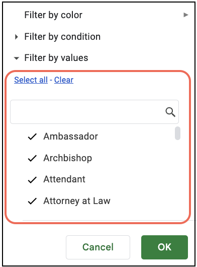 A screenshot demonstrating how to use the filter feature on Google Sheets