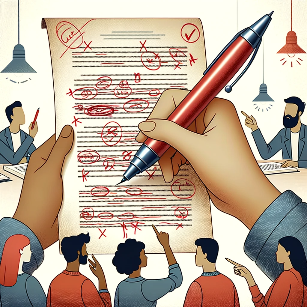 AI generated picture Illustration of a hand holding a red pen, marking corrections on a printed manuscript with annotations and edits. In the background, various students
